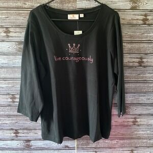 Quacker Factory Women's Long-Sleeved Top Sz L Black Live Courageously Crown NWT